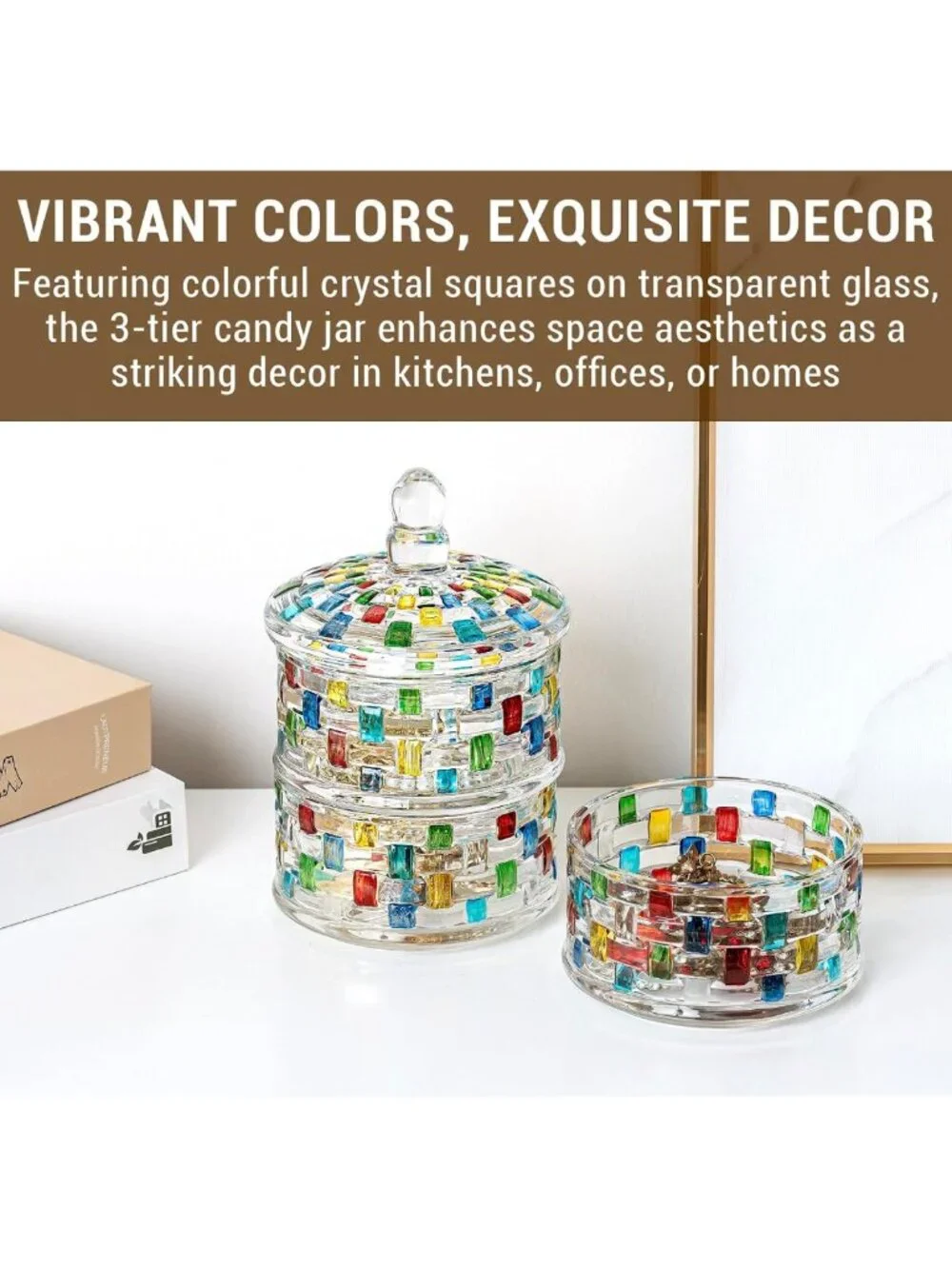 Colorful 3-Tier Crystal Glass Candy Jars with Lid - Decorative Storage for